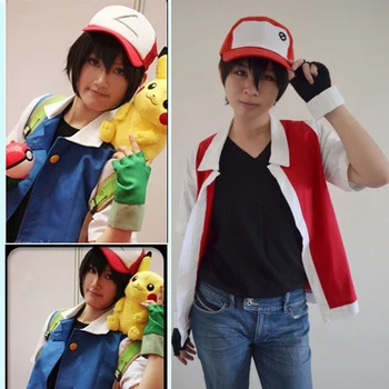 Anime Pokemon Ash Ketchum Cosplay velikosti po Meri Klobuk+Plašč+Rokavice Brezplačna Dostava Rdeče in Modre barve, da izberejo