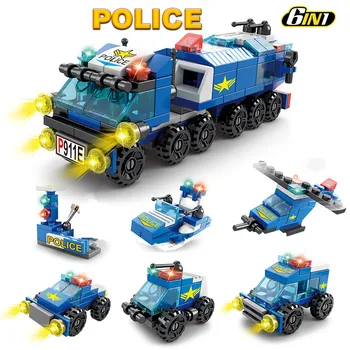 147Pcs 6 V 1 Mestna Policija Truck Avto, Stavbe, Bloki, Seti DIY Številke Brinquedos Ustvarjalca Opeke Izobraževalne Igrače za Otroke