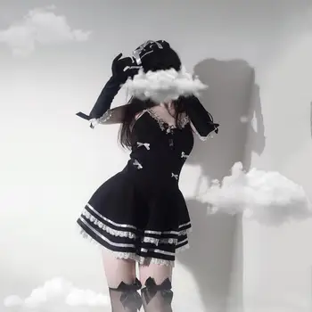2020 Seksi Luštna Črna Obleka In Tangice Devica Cosplay Kostume Seksi Anime Dekle Šoli Gothic Obleko Za Žensko, S Kapo In Rokavice