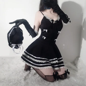 2020 Seksi Luštna Črna Obleka In Tangice Devica Cosplay Kostume Seksi Anime Dekle Šoli Gothic Obleko Za Žensko, S Kapo In Rokavice