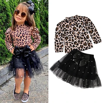 Baby Girl Obleke Otrok Leopard Tiskanja Dolgo Sleeved Vrh +Lok Pearl Čipke Krilo Dva Kosa Rojstni Moda Formalnih Oblačil