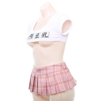 Seksi Ženska Japonski slog-line mini krilo & Ekstra Kratek Shirt nastavite Vroče Slim dekle Ravno Prsi Srčkan Eksotičnih Oblačila Pregleden