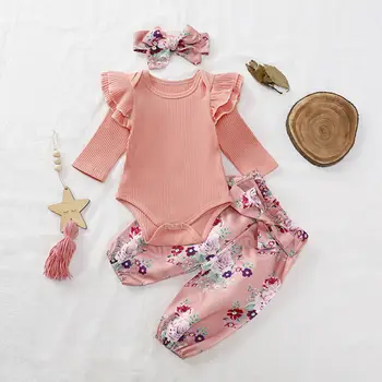 Newborn Baby Dekle Cvetlični Oblačila, Pleteni Vrhovi Romper+Cvet, Hlače, Obleke Set