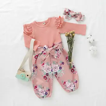 Newborn Baby Dekle Cvetlični Oblačila, Pleteni Vrhovi Romper+Cvet, Hlače, Obleke Set