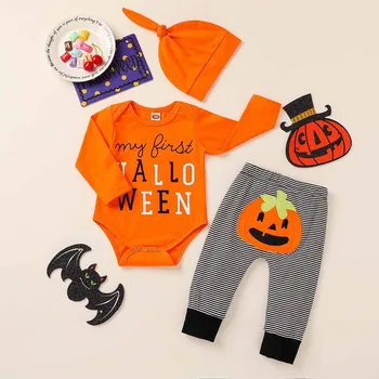 (0-24M) Baby Dolg Rokav Halloween Pismo Romper Bučna Hlače Klobuk, Tri-delni Set moj prvi Halloween Pismo Jumpsuit Bučna F4