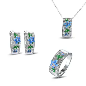 3pcs nastavite Trendy Modra Cvetnih Listov Emajl Uhani, Ogrlica, Prstan Bohemia Stil Nakit Set