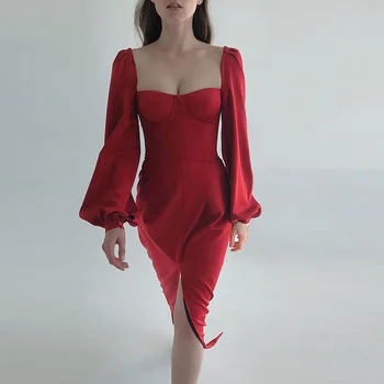 InstaHot elegantno žensko obleko puff rokav squarer ovratnik režejo robom mid-tele rdečo obleko z dolgimi rokavi stranka Božič rogov obleko