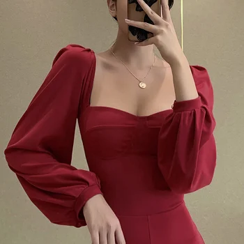 InstaHot elegantno žensko obleko puff rokav squarer ovratnik režejo robom mid-tele rdečo obleko z dolgimi rokavi stranka Božič rogov obleko