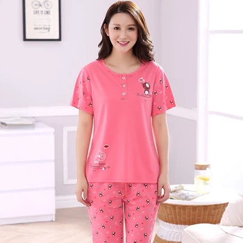 Plus Velikost Bombaž Priložnostne Prugasta Pajama Set za Ženske Poletje Kratek Rokav Sleepwear Tele Dolžina Sopihanje Pyjama Homewear Pijama Mujer