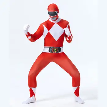 Odraslih Moških Zentai Kožo Tesen Dinozavri Ekipa Red Ranger Jumpsuit Telo Obleko Fancy Cosplay Kostum