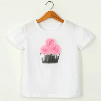 Baby Bele Majice za Dekleta Poletne majice Bombaž Risanka Sequins Cvet Vrhovi T-shirt otroška Oblačila