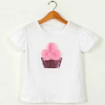Baby Bele Majice za Dekleta Poletne majice Bombaž Risanka Sequins Cvet Vrhovi T-shirt otroška Oblačila