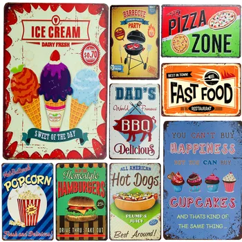 Vintage Kovinski Tin Znakov zobnih Oblog BBQ Hot Dog Cupcake Sladoled s Hitro Hrano; Kovinske Plakat Wall Art Dekor Za Kuhinjo Diner Restavracija