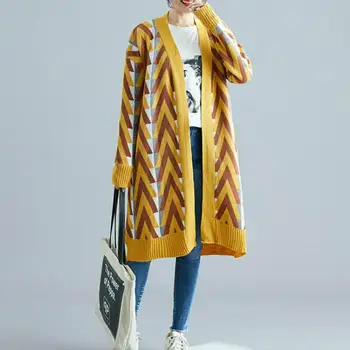 Plus Velikost Črtasto Pleteno Pulover Jopico Ženske Priložnostne Korejski Puloverji Dame Dolgo Brezrokavniki 2019 Jesensko Zimska Oblačila