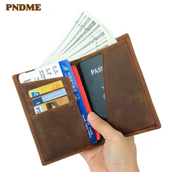 PNDME preprost letnik nori konj cowhide potni list denarnice priložnostne naravnih pravega usnja minimalističen RFID ID kartico sim torbici