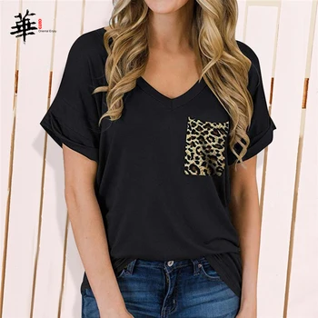 Visoka Kakovost Vrhovi Osnovne Navaden Majice za Ženske Prevelik majica s kratkimi rokavi Top Ženske Leopard Žep Plus Velikost Oblačila Ženska Tshirts