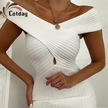 Cotday Off Ramenski Pletene Križ Povodcem Seksi Belo Votlih Iz Poletja Leta 2020 Nove Priložnostne Mini Eleganten Plašč Obleke
