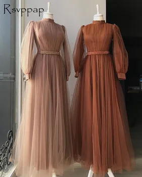 Dolg Rokav Elegantno Visoko Vratu S-line Večerno Obleko 2020 Muslimanskih Slog Libanon Dubaj Ženske Šampanjec Formalno Oblek
