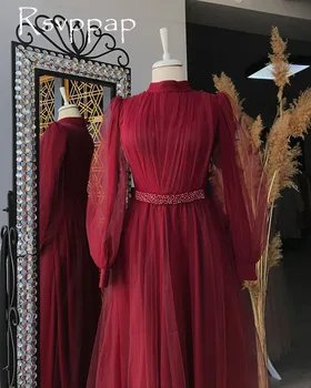 Dolg Rokav Elegantno Visoko Vratu S-line Večerno Obleko 2020 Muslimanskih Slog Libanon Dubaj Ženske Šampanjec Formalno Oblek