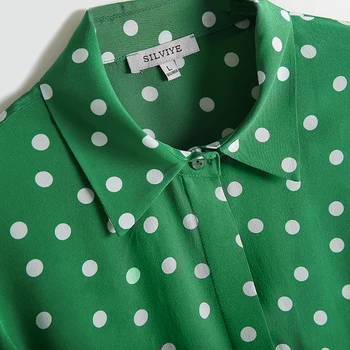 SuyaDream Svilene Bluze, Ženska, REALNO SVILE KREP Polka Pike Dolg Rokav Green Office Elegantno Bluzo Majica 2020 Elegantna Majica