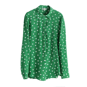 SuyaDream Svilene Bluze, Ženska, REALNO SVILE KREP Polka Pike Dolg Rokav Green Office Elegantno Bluzo Majica 2020 Elegantna Majica
