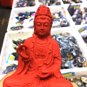 Naravno rdeča cinnabar vklesan Avalokitesvara oprema kosov za zaščito miru in blaginje bolezni hiša