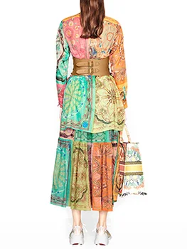 Retro tiskanja geometrijski vzorec svoboden dolgo srajco, obleko, dvodelno, ženske jeseni nov slog + visoko pasu svoboden big krilo moda obleko
