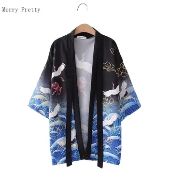 Črna Risanka Tiskanja Jopico kimono Bluzo In Vrhovi Za Ženske do leta 2020 Poletje Pol Rokav Čipke Bluze Japonskem Slogu Harakuju Majica