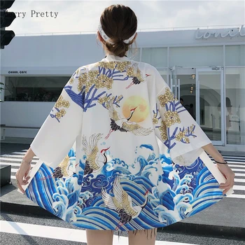 Črna Risanka Tiskanja Jopico kimono Bluzo In Vrhovi Za Ženske do leta 2020 Poletje Pol Rokav Čipke Bluze Japonskem Slogu Harakuju Majica