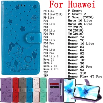 Sunjolly Mačka Primeru Telefon za Huawei Honor 9A 9X Y6 2019 P20 Mate 10 Lite NOVA 7SE P40 Pro Flip Denarnice PU Usnje Primeru Zajema coque