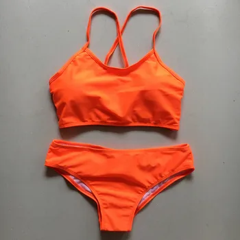Seksi Povodcem Visoko Vratu Bikini Komplet Ženske Neon Oranžna Šport Rastlinske Vrh Oblazinjeni Kopalke Ženske Push Up Kopalke, biquinis feminino