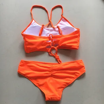 Seksi Povodcem Visoko Vratu Bikini Komplet Ženske Neon Oranžna Šport Rastlinske Vrh Oblazinjeni Kopalke Ženske Push Up Kopalke, biquinis feminino