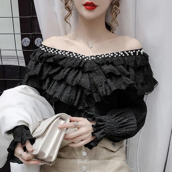 Spomladi Pade v korejskem Slogu Bluzo Fashion Sexy Beading Mozaik Čipke Ruffles Ženske Vrhovi Ropa Mujer Flare Sleeve Majica Novo T09415L