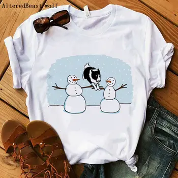 Pes Prstanov rokavi Ženske T-shirt smešno Mejni škotski ovčarski pes tshirt tiskanja oblačila ženski priložnostne kratek rokav modi kawaii Vrhovi