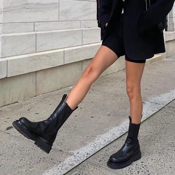 Nov Modni Črni Usnjeni Škornji, Blagovno Znamko, Design Krog Toe Ženske Čevlje Gleženj Elastični Pas Ženski Chelsea Čevlji