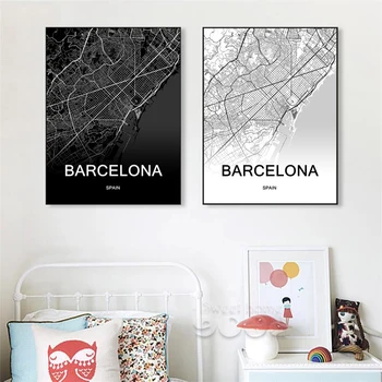 Črno-Beli Svet, Zemljevid Mesta Barcelona Mesto Zemljevid Španije Mesto po Meri Platno Wall Art Plakat Doma Dekor Slik, Fotografij