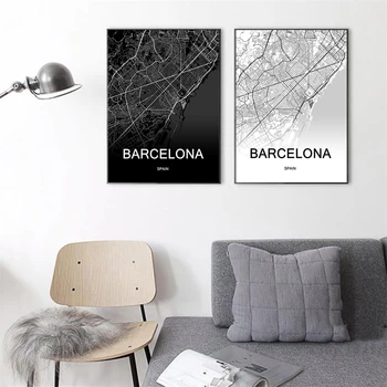 Črno-Beli Svet, Zemljevid Mesta Barcelona Mesto Zemljevid Španije Mesto po Meri Platno Wall Art Plakat Doma Dekor Slik, Fotografij