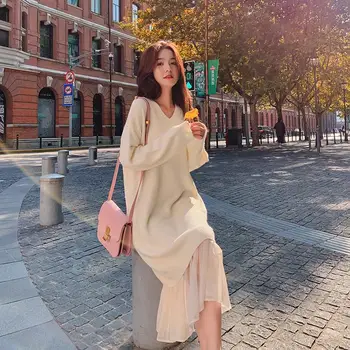 HAYBLST blagovne Znamke Ženska Obleka 2020 Pulover Obleke Za Ženske, ki Sodijo Zimska Oblačila v korejskem Slogu Dolg Rokav Mozaik Kawaii Oblačila