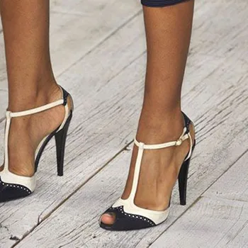 SHOFOO čevlji,Sladko modnih ženskih čevljev, črni in beli PU, sponko pasu, about11 cm stiletto sandale.VELIKOST:34-45