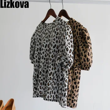 Lizkova Pomlad Leopard, Tiskanje Majice s kratkimi rokavi Ženske Puff Rokav Vintage Vrh Mujer 2021 Harajuku O-vratu Priložnostne Femme T-majice TS6637