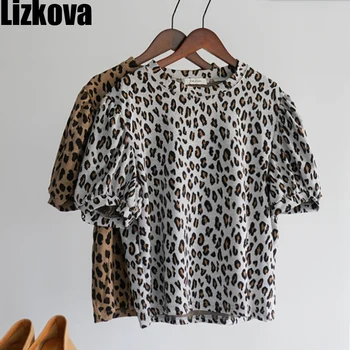 Lizkova Pomlad Leopard, Tiskanje Majice s kratkimi rokavi Ženske Puff Rokav Vintage Vrh Mujer 2021 Harajuku O-vratu Priložnostne Femme T-majice TS6637