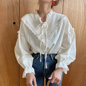 2021 Nov Prihod Votlih Vintage Elegantno Vrhovi Ženske Solid Majica Dolg Rokav Korejskem Slogu Svoboden Bluze Blusas