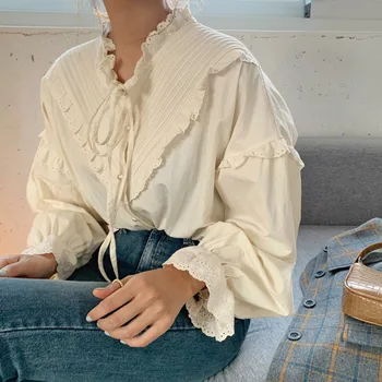 2021 Nov Prihod Votlih Vintage Elegantno Vrhovi Ženske Solid Majica Dolg Rokav Korejskem Slogu Svoboden Bluze Blusas