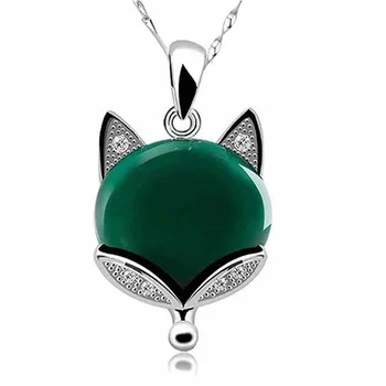Naravni Green Jade Fox, Ogrlico, Obesek, Srebro 925 Jadeit Chalcedony Amulet Čar, Moda Nakit, Darila za Ženske, ki Ji