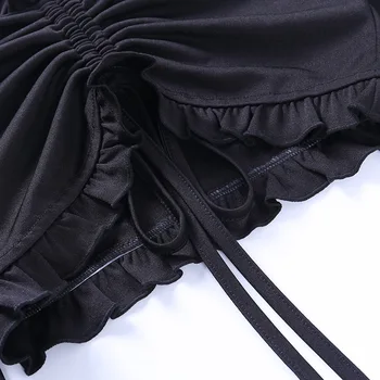 Črna Goth Naguban Ženske T-shirt 2020 Jeseni Dama V Vratu z Vrvico, Kratko-dolžina Ruffles Tshirt Hipster Zunanji Dolg rokav Vrh