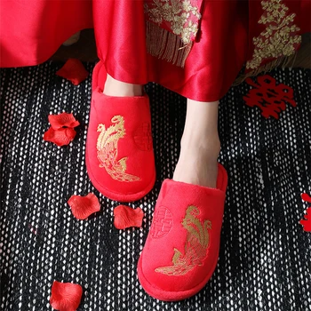 Pomlad Kitajski Slog Ženske Rdeča Poroko Copate Zaprtih Udobno Vezenje Nekaj Doma Copate Pozimi Non-slip Doma Natikači
