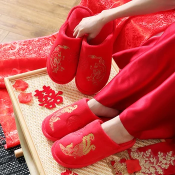 Pomlad Kitajski Slog Ženske Rdeča Poroko Copate Zaprtih Udobno Vezenje Nekaj Doma Copate Pozimi Non-slip Doma Natikači