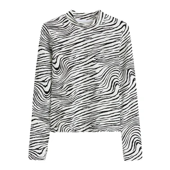 CHEERART Zebra Print Dolg Rokav Vrh Turtleneck Tshirt Bodycon Bela Majica Jeseni Leta 2020 Ženske Oblačila