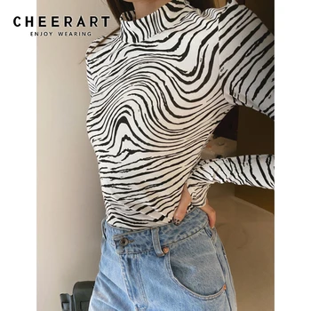 CHEERART Zebra Print Dolg Rokav Vrh Turtleneck Tshirt Bodycon Bela Majica Jeseni Leta 2020 Ženske Oblačila