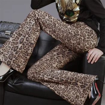 Moda ulične Visoke Pasu Leopard Tiskanja Flare Hlače Ženske casual Sexy Bodycon Hlače urad za delo Bell Dnu Hlače